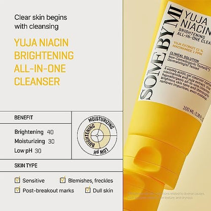 SOME BY MI Yuja Niacin Brightening All in One Cleanser - 3.38 oz (100ml) - Mild Daily Face Wash for Dull-Looking Skin - Low pH Formula - Pore and Sebum Care - Korean Skincare Avelisse