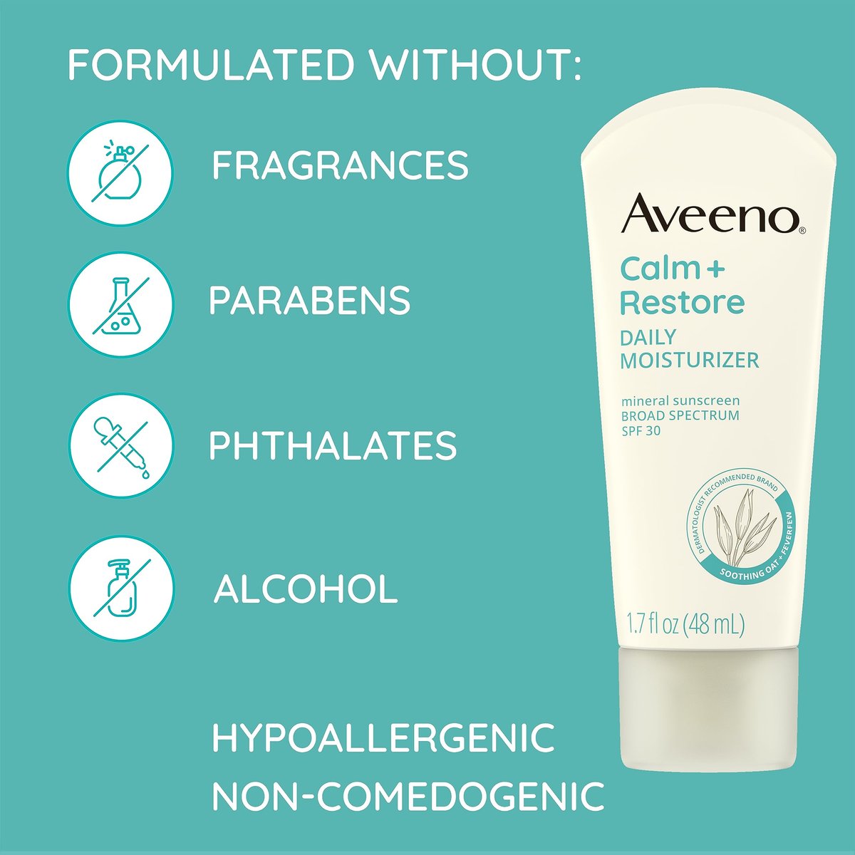 Aveeno Calm + Restore Daily Moisturizer Mineral Sunscreen SPF 30, Fragrance Free, 1.7 oz Avelisse