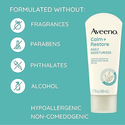 Aveeno Calm + Restore Daily Moisturizer Mineral Sunscreen SPF 30, Fragrance Free, 1.7 oz Avelisse