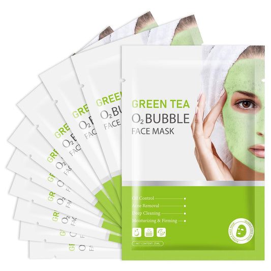 IREV Green Tea O2 Bubble Face Masks - 10 Pack Foaming Sheet Mask for Acne, Pores, and Brightening