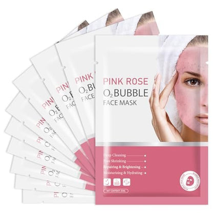 IREV Pink Rose O2 Bubble Face Masks - 10 Pack Foaming Sheet Mask for Acne, Pores, and Moisturizing