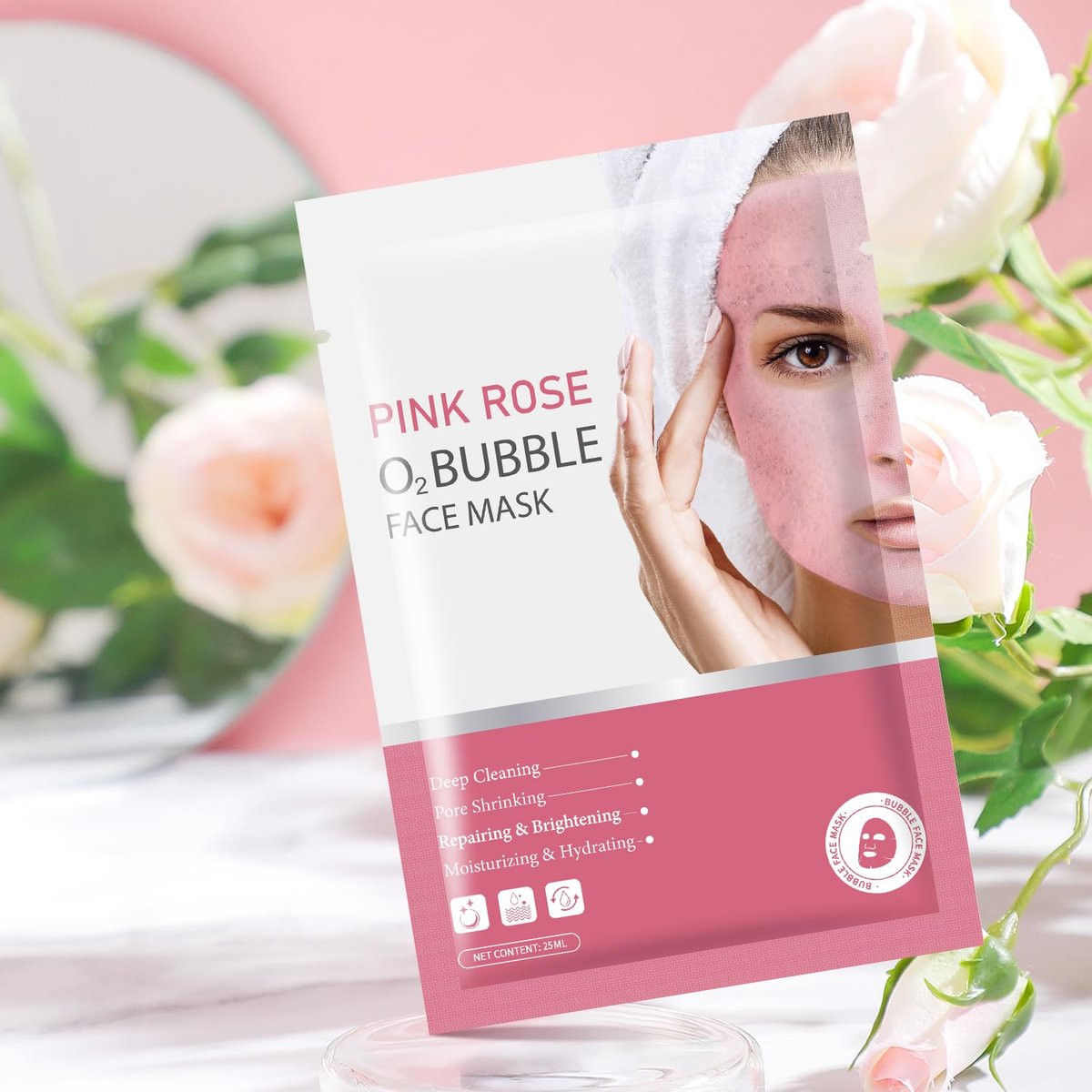 IREV Pink Rose O2 Bubble Face Masks - 10 Pack Foaming Sheet Mask for Acne, Pores, and Moisturizing - görsel 17