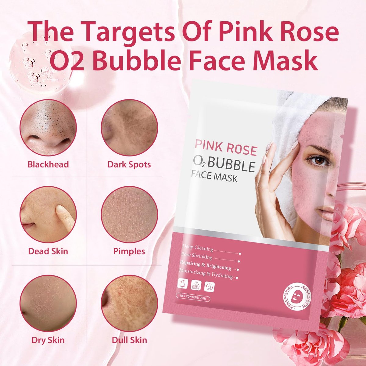 IREV Pink Rose O2 Bubble Face Masks - 10 Pack Foaming Sheet Mask for Acne, Pores, and Moisturizing - görsel 5