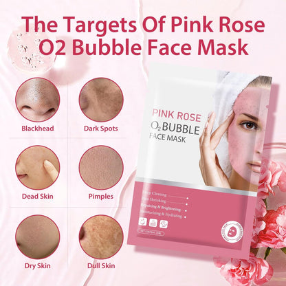 IREV Pink Rose O2 Bubble Face Masks - 10 Pack Foaming Sheet Mask for Acne, Pores, and Moisturizing