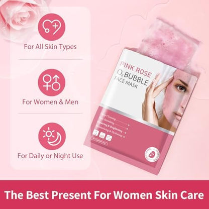 IREV Pink Rose O2 Bubble Face Masks - 10 Pack Foaming Sheet Mask for Acne, Pores, and Moisturizing