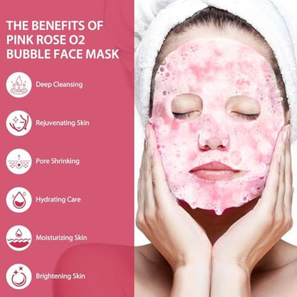 IREV Pink Rose O2 Bubble Face Masks - 10 Pack Foaming Sheet Mask for Acne, Pores, and Moisturizing