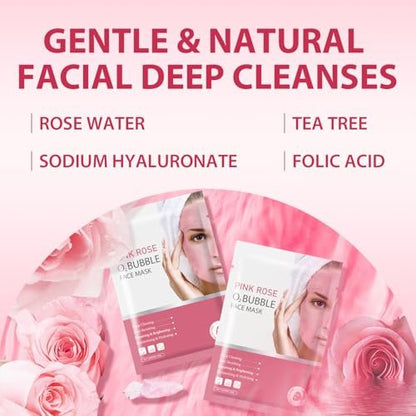 IREV Pink Rose O2 Bubble Face Masks - 10 Pack Foaming Sheet Mask for Acne, Pores, and Moisturizing