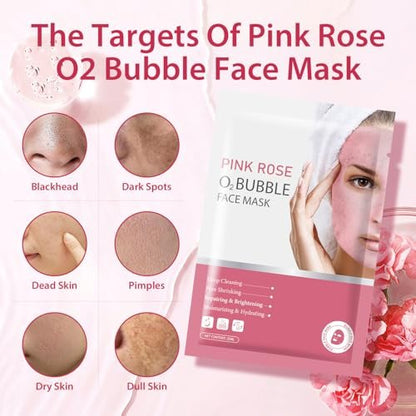 IREV Pink Rose O2 Bubble Face Masks - 10 Pack Foaming Sheet Mask for Acne, Pores, and Moisturizing