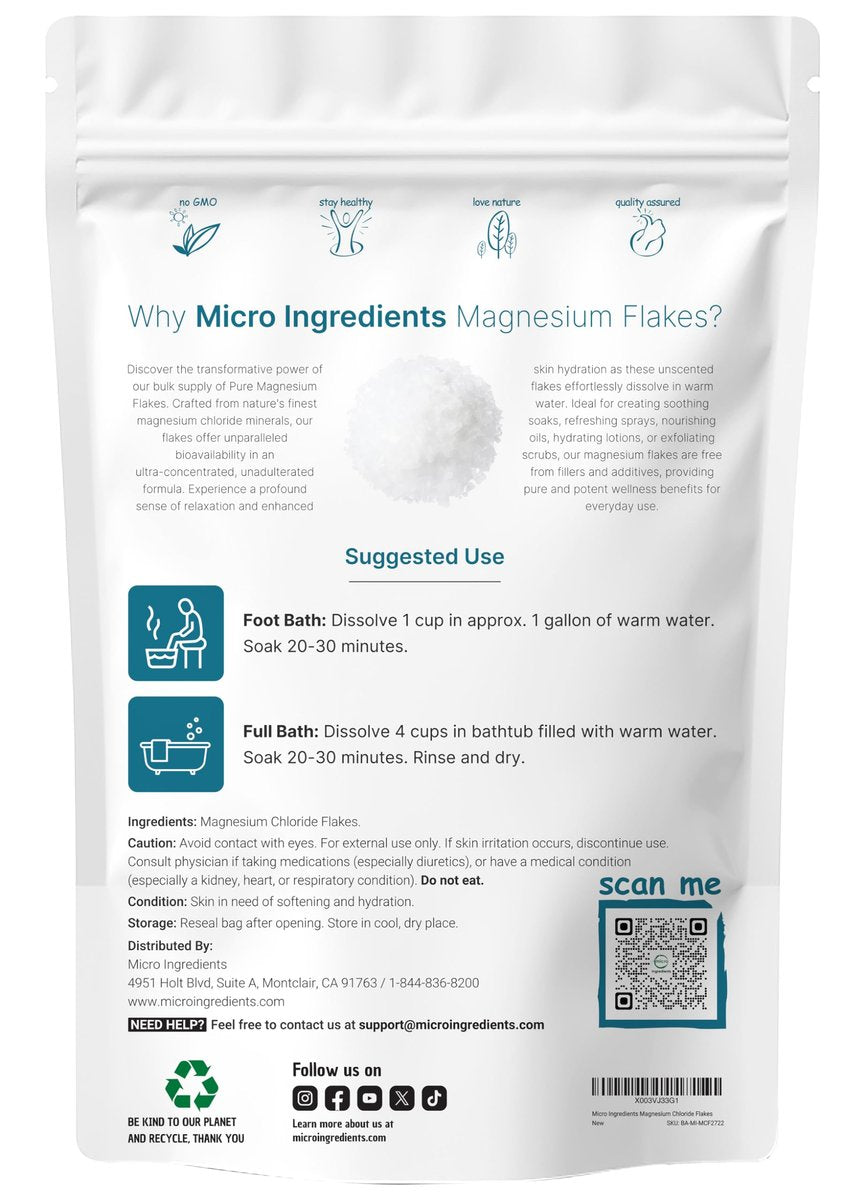 Micro Ingredients Magnesium Flakes 6lbs – Natural Magnesium Chloride for Relaxing Foot & Body Bath Soaks, Skin Hydration Support Avelisse