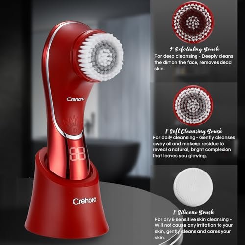 Crehora Facial Cleansing Brush - Electric Face Scrubber, Rechargeable IPX7 Waterproof Rotating Face Scrubber for Exfoliating, Massaging and Deep Cleansing with 4 Brush Heads (Chromed Red) Avelisse