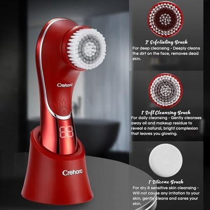 Crehora Facial Cleansing Brush - Electric Face Scrubber, Rechargeable IPX7 Waterproof Rotating Face Scrubber for Exfoliating, Massaging and Deep Cleansing with 4 Brush Heads (Chromed Red) Avelisse