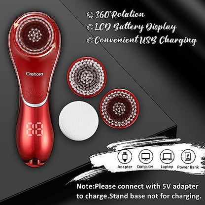 Crehora Facial Cleansing Brush - Electric Face Scrubber, Rechargeable IPX7 Waterproof Rotating Face Scrubber for Exfoliating, Massaging and Deep Cleansing with 4 Brush Heads (Chromed Red) Avelisse