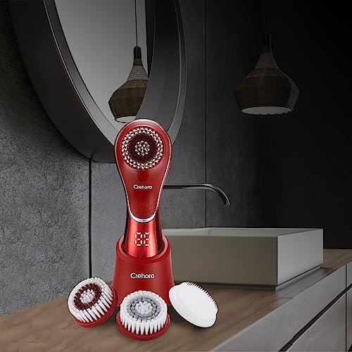 Crehora Facial Cleansing Brush - Electric Face Scrubber, Rechargeable IPX7 Waterproof Rotating Face Scrubber for Exfoliating, Massaging and Deep Cleansing with 4 Brush Heads (Chromed Red) Avelisse