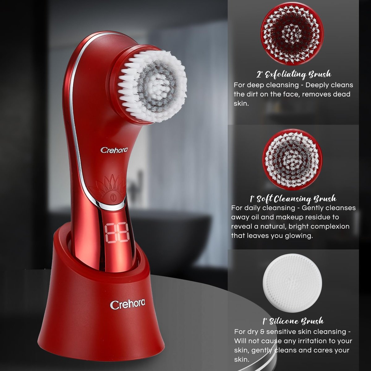 Crehora Facial Cleansing Brush - Electric Face Scrubber, Rechargeable IPX7 Waterproof Rotating Face Scrubber for Exfoliating, Massaging and Deep Cleansing with 4 Brush Heads (Chromed Red) Avelisse