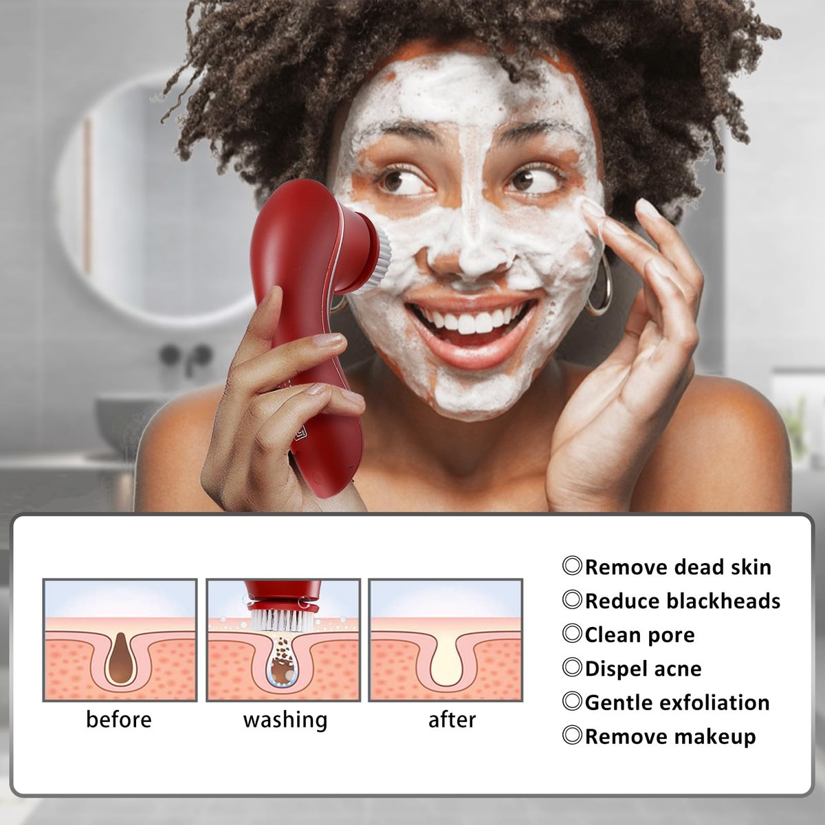 Crehora Facial Cleansing Brush - Electric Face Scrubber, Rechargeable IPX7 Waterproof Rotating Face Scrubber for Exfoliating, Massaging and Deep Cleansing with 4 Brush Heads (Chromed Red) Avelisse