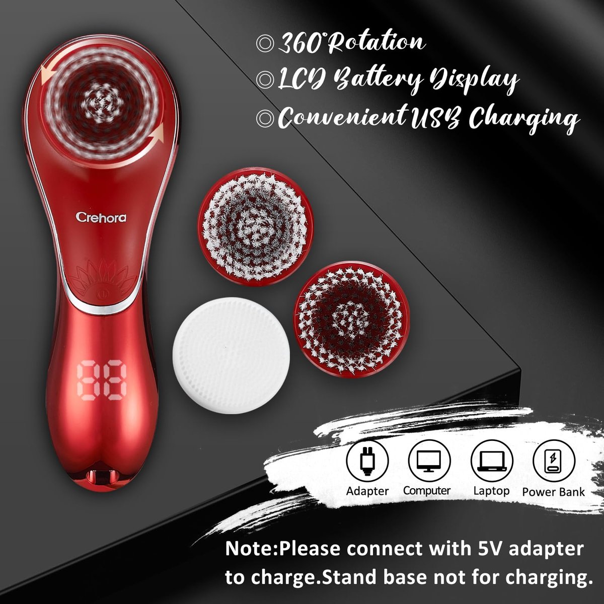 Crehora Facial Cleansing Brush - Electric Face Scrubber, Rechargeable IPX7 Waterproof Rotating Face Scrubber for Exfoliating, Massaging and Deep Cleansing with 4 Brush Heads (Chromed Red) Avelisse