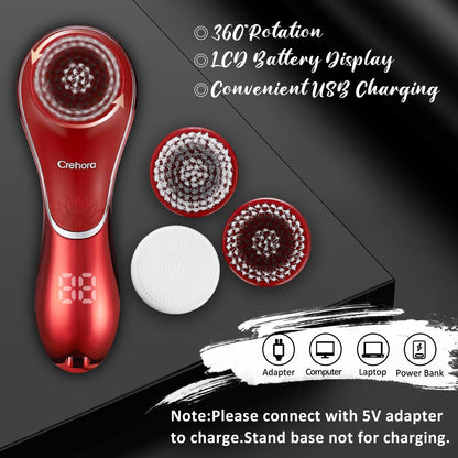Crehora Facial Cleansing Brush - Electric Face Scrubber, Rechargeable IPX7 Waterproof Rotating Face Scrubber for Exfoliating, Massaging and Deep Cleansing with 4 Brush Heads (Chromed Red) Avelisse