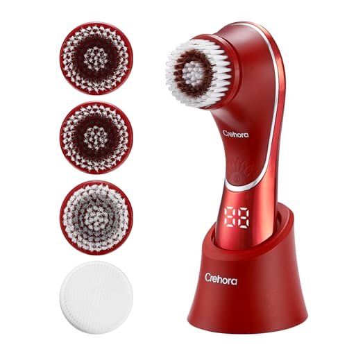 Crehora Facial Cleansing Brush - Electric Face Scrubber, Rechargeable IPX7 Waterproof Rotating Face Scrubber for Exfoliating, Massaging and Deep Cleansing with 4 Brush Heads (Chromed Red) Avelisse