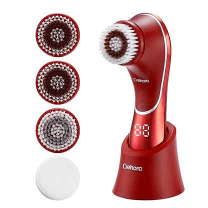 Crehora Facial Cleansing Brush - Electric Face Scrubber, Rechargeable IPX7 Waterproof Rotating Face Scrubber for Exfoliating, Massaging and Deep Cleansing with 4 Brush Heads (Chromed Red) Avelisse