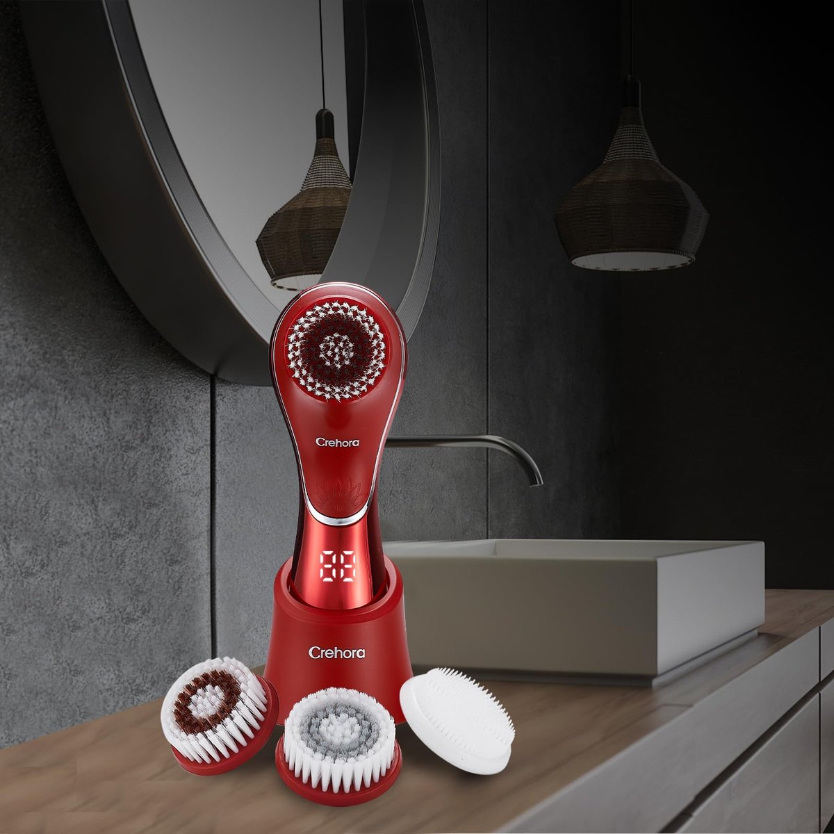 Crehora Facial Cleansing Brush - Electric Face Scrubber, Rechargeable IPX7 Waterproof Rotating Face Scrubber for Exfoliating, Massaging and Deep Cleansing with 4 Brush Heads (Chromed Red) Avelisse