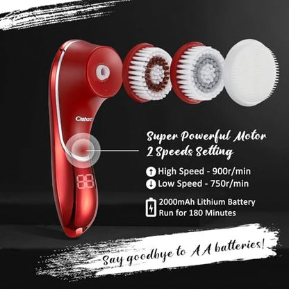 Crehora Facial Cleansing Brush - Electric Face Scrubber, Rechargeable IPX7 Waterproof Rotating Face Scrubber for Exfoliating, Massaging and Deep Cleansing with 4 Brush Heads (Chromed Red) Avelisse