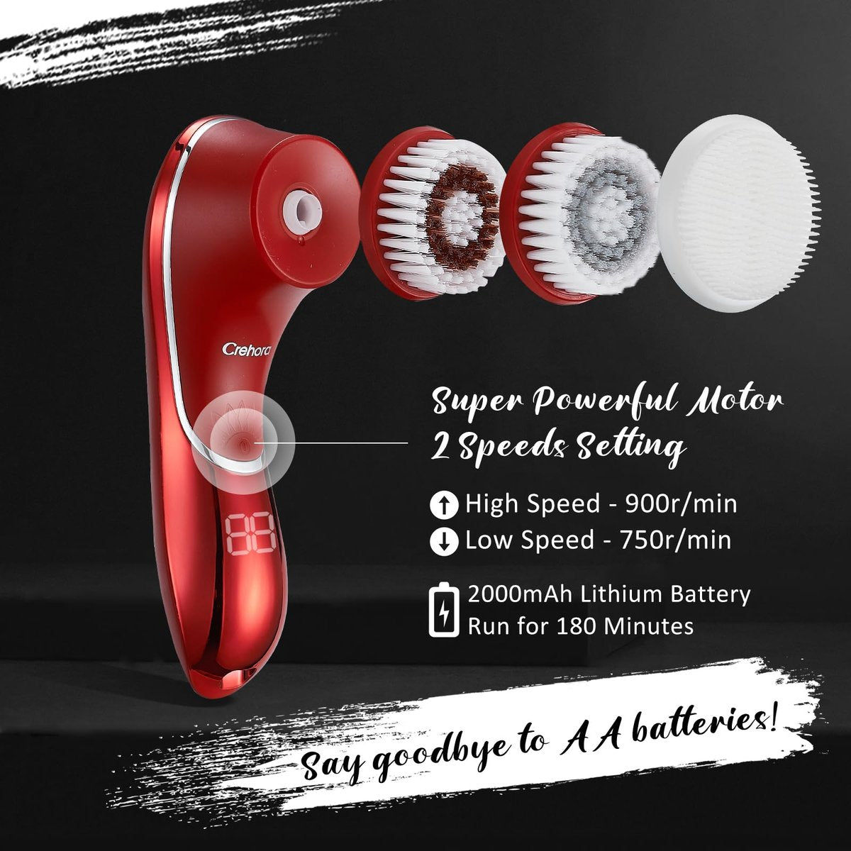 Crehora Facial Cleansing Brush - Electric Face Scrubber, Rechargeable IPX7 Waterproof Rotating Face Scrubber for Exfoliating, Massaging and Deep Cleansing with 4 Brush Heads (Chromed Red) Avelisse