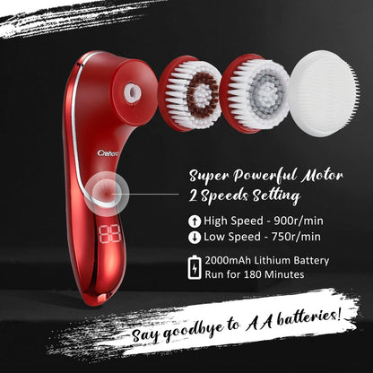 Crehora Facial Cleansing Brush - Electric Face Scrubber, Rechargeable IPX7 Waterproof Rotating Face Scrubber for Exfoliating, Massaging and Deep Cleansing with 4 Brush Heads (Chromed Red) Avelisse