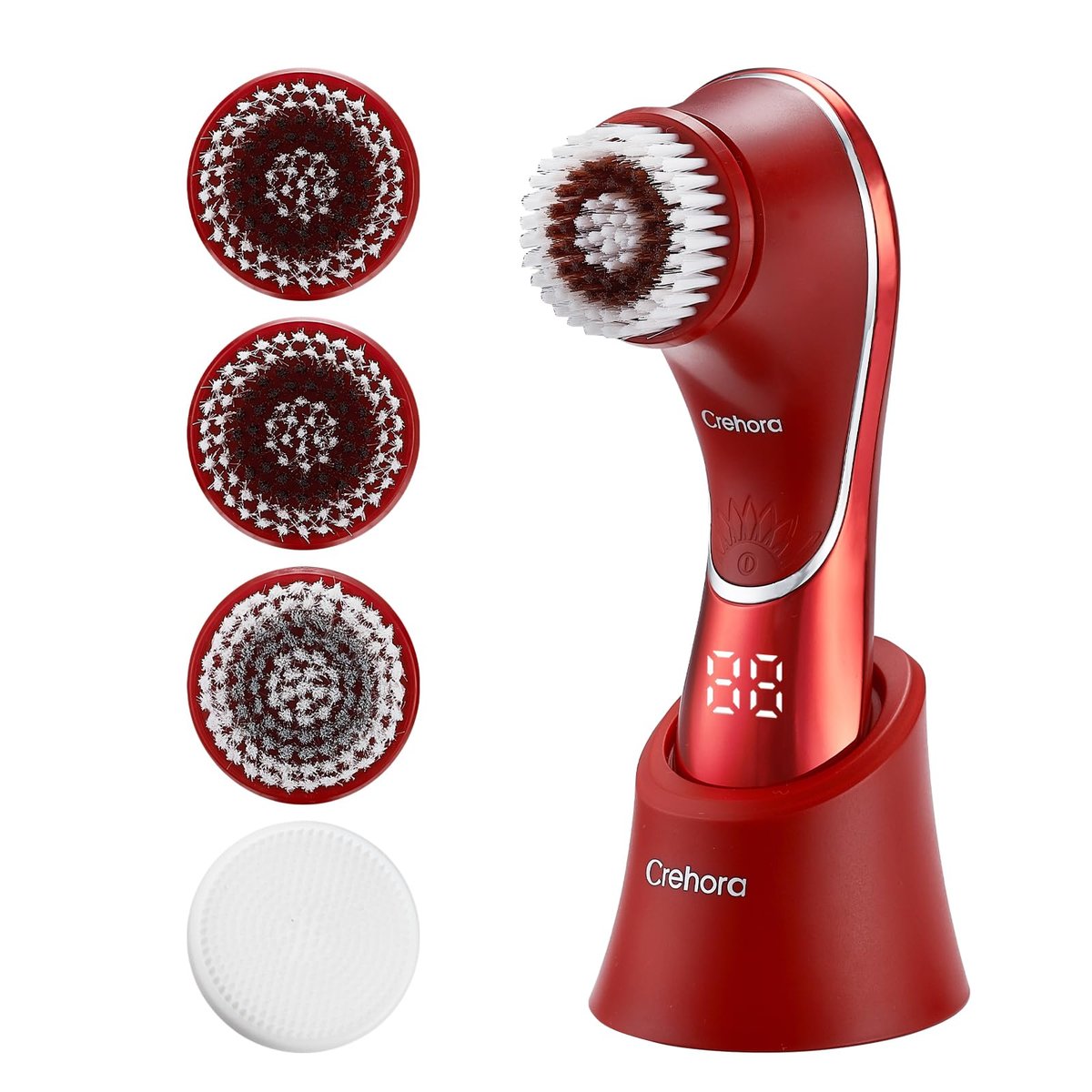 Crehora Facial Cleansing Brush - Electric Face Scrubber, Rechargeable IPX7 Waterproof Rotating Face Scrubber for Exfoliating, Massaging and Deep Cleansing with 4 Brush Heads (Chromed Red) Avelisse