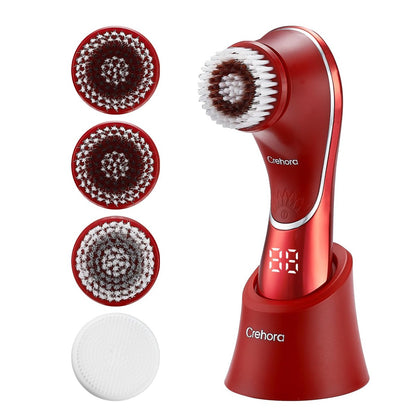 Crehora Facial Cleansing Brush - Electric Face Scrubber, Rechargeable IPX7 Waterproof Rotating Face Scrubber for Exfoliating, Massaging and Deep Cleansing with 4 Brush Heads (Chromed Red) Avelisse