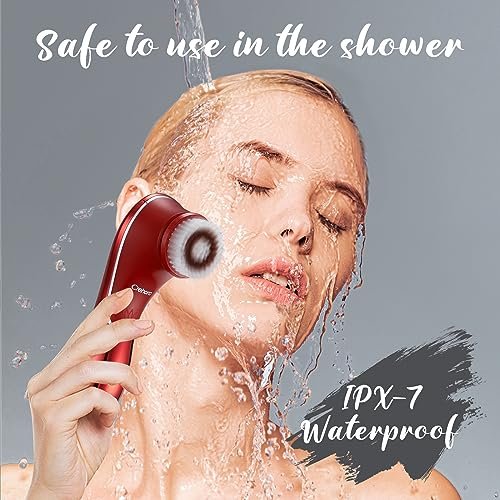Crehora Facial Cleansing Brush - Electric Face Scrubber, Rechargeable IPX7 Waterproof Rotating Face Scrubber for Exfoliating, Massaging and Deep Cleansing with 4 Brush Heads (Chromed Red) Avelisse