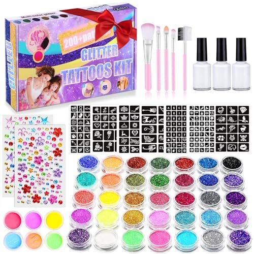 492 Piece Temporary Glitter Tattoo Kit for Kids - 41 Colors & 215 Rhinestones - 204 Stencils - 24 Colors Glitter Powder - 3 Glue - 5 Brushes - Waterproof Tattoos for Parties & Makeup Avelisse