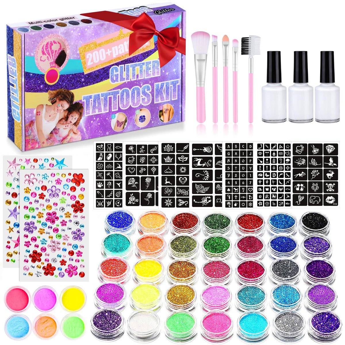 492 Piece Temporary Glitter Tattoo Kit for Kids - 41 Colors & 215 Rhinestones - 204 Stencils - 24 Colors Glitter Powder - 3 Glue - 5 Brushes - Waterproof Tattoos for Parties & Makeup Avelisse