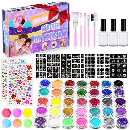 492 Piece Temporary Glitter Tattoo Kit for Kids - 41 Colors & 215 Rhinestones - 204 Stencils - 24 Colors Glitter Powder - 3 Glue - 5 Brushes - Waterproof Tattoos for Parties & Makeup Avelisse