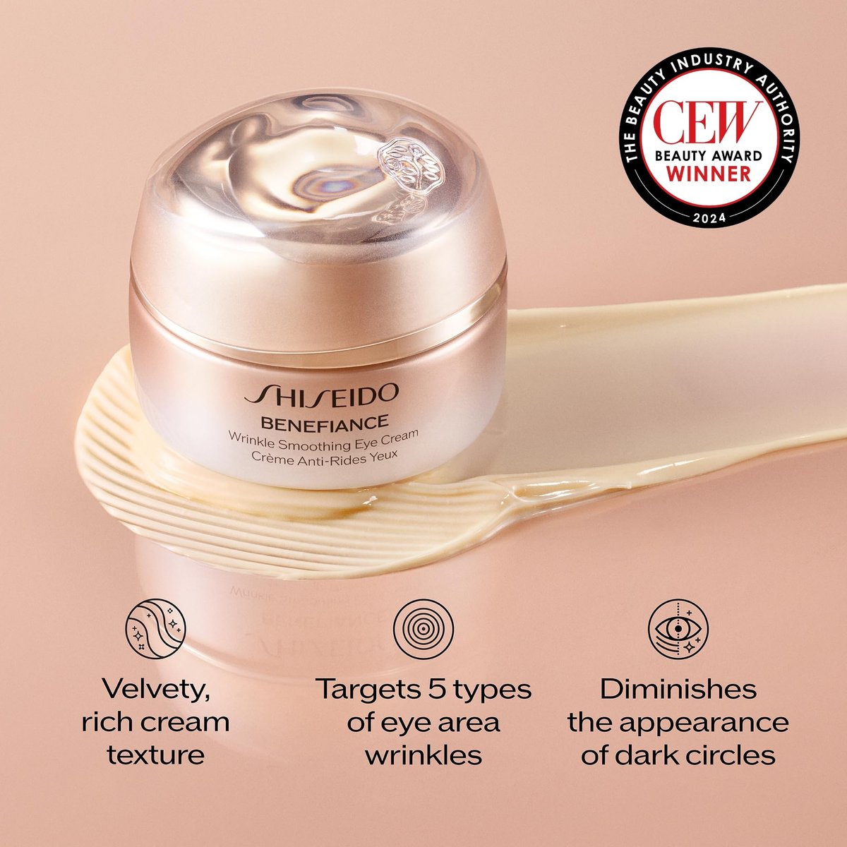 Shiseido Benefiance Wrinkle Smoothing Eye Cream – 15 mL – Visibly Improves Five Types of Eye Wrinkles, Dark Circles & Puffiness – 48-Hour Hydration – All Skin Types – Non-Comedogenic Avelisse
