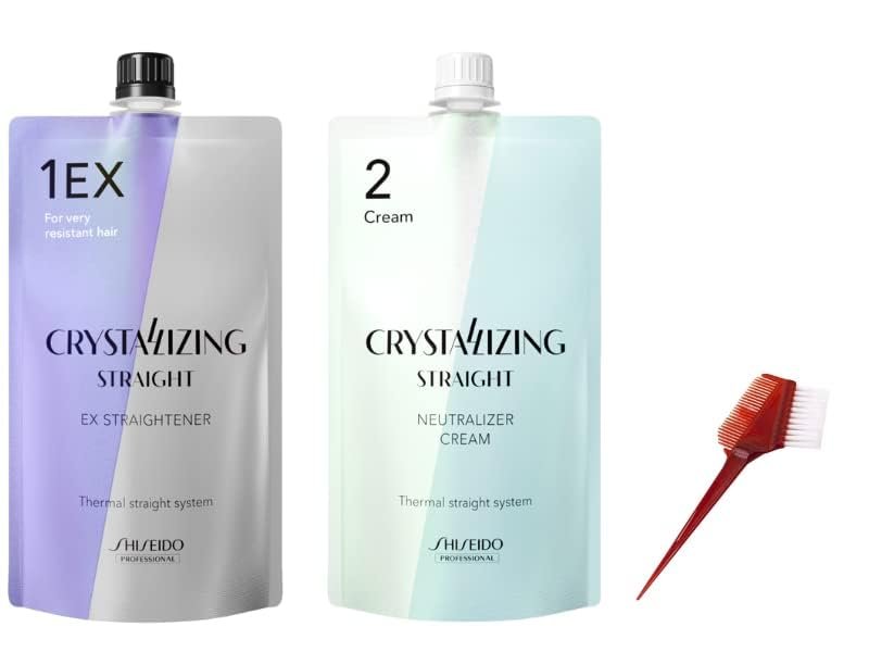 Japanese Hair Rebonding and Straightening Treatment - Permanent Crystallizing Straightener (1EX) with Neutralizing Cream (2) for Very Resistant Hair, Includes Hair Brush Avelisse