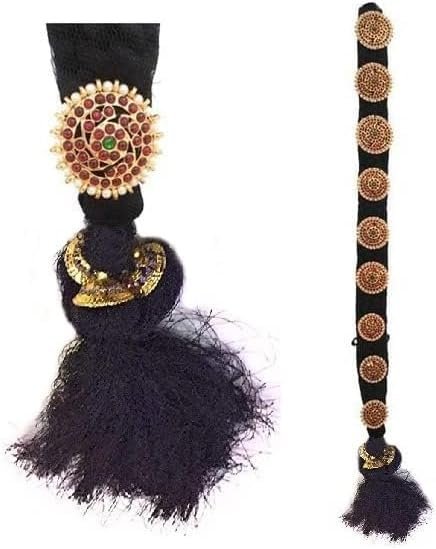THANU'S CRAFT Bridal False Hair Choti Poola Jada Billalu Hair Ornaments Set – Full Moon Shape Temple Jewellery Ready Jada Billalu for Bharatanatyam, Kuchipudi, Classical Dance & Weddings (Black, Large) Avelisse