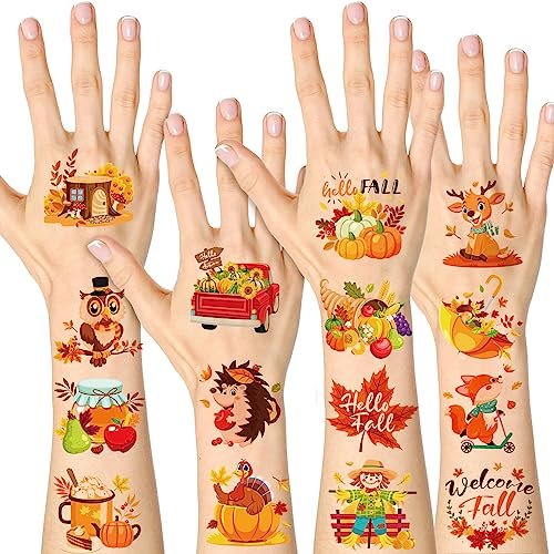 HOWAF 96-Piece Fall Temporary Tattoos for Kids – Autumn Harvest Face Tattoos with Pumpkin & Scarecrow Designs, Hello Autumn Party Decorations - görsel 4