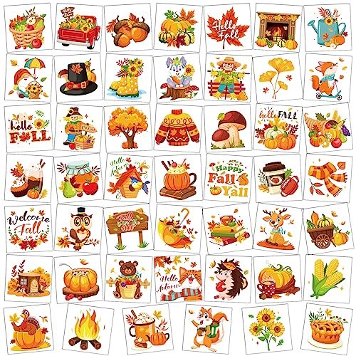HOWAF 96-Piece Fall Temporary Tattoos for Kids – Autumn Harvest Face Tattoos with Pumpkin & Scarecrow Designs, Hello Autumn Party Decorations - görsel 2