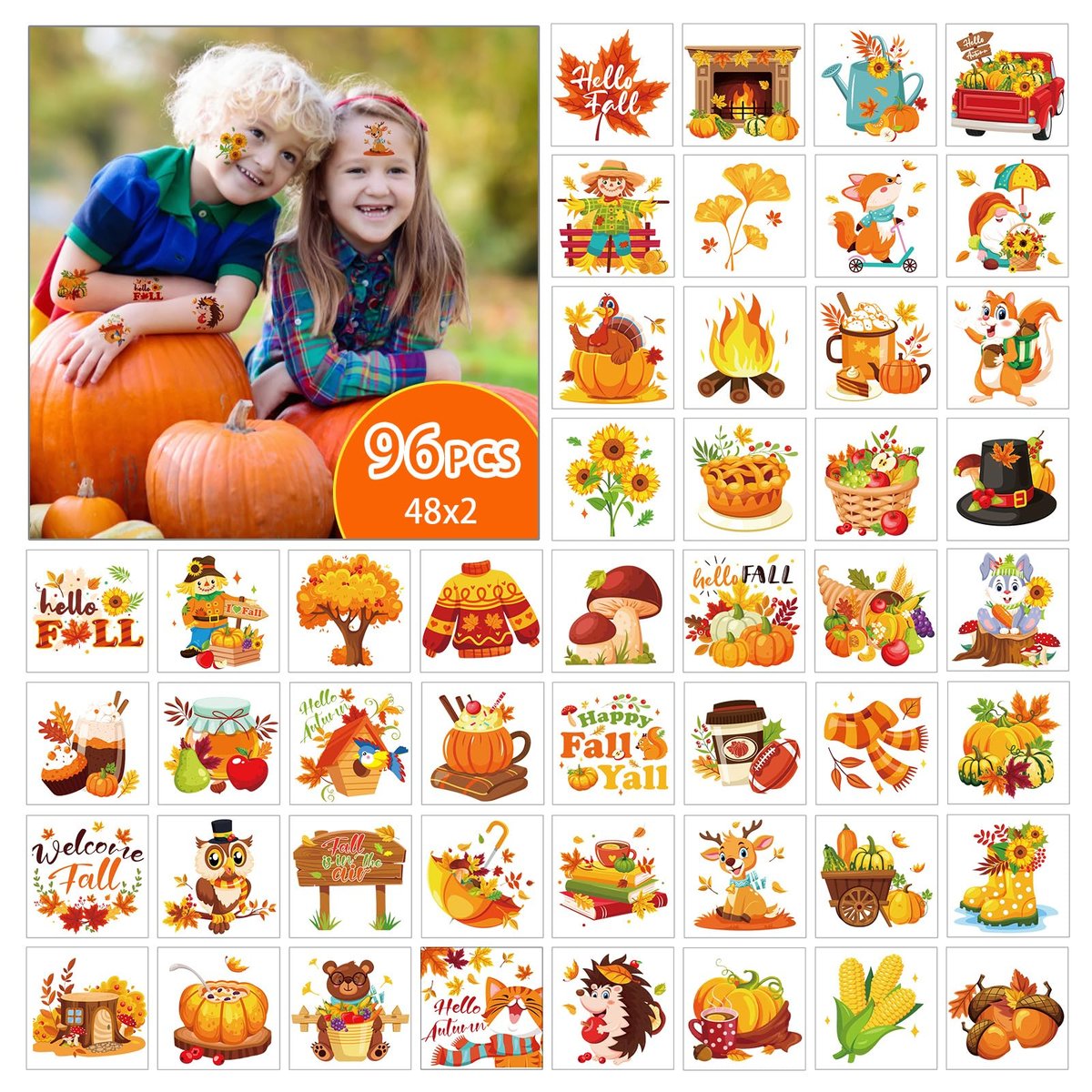 HOWAF 96-Piece Fall Temporary Tattoos for Kids – Autumn Harvest Face Tattoos with Pumpkin & Scarecrow Designs, Hello Autumn Party Decorations - görsel 5