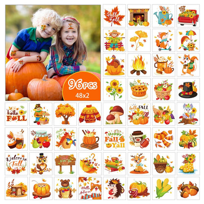 HOWAF 96-Piece Fall Temporary Tattoos for Kids – Autumn Harvest Face Tattoos with Pumpkin & Scarecrow Designs, Hello Autumn Party Decorations