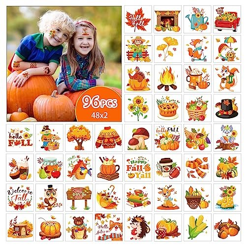 HOWAF 96-Piece Fall Temporary Tattoos for Kids – Autumn Harvest Face Tattoos with Pumpkin & Scarecrow Designs, Hello Autumn Party Decorations - görsel 6