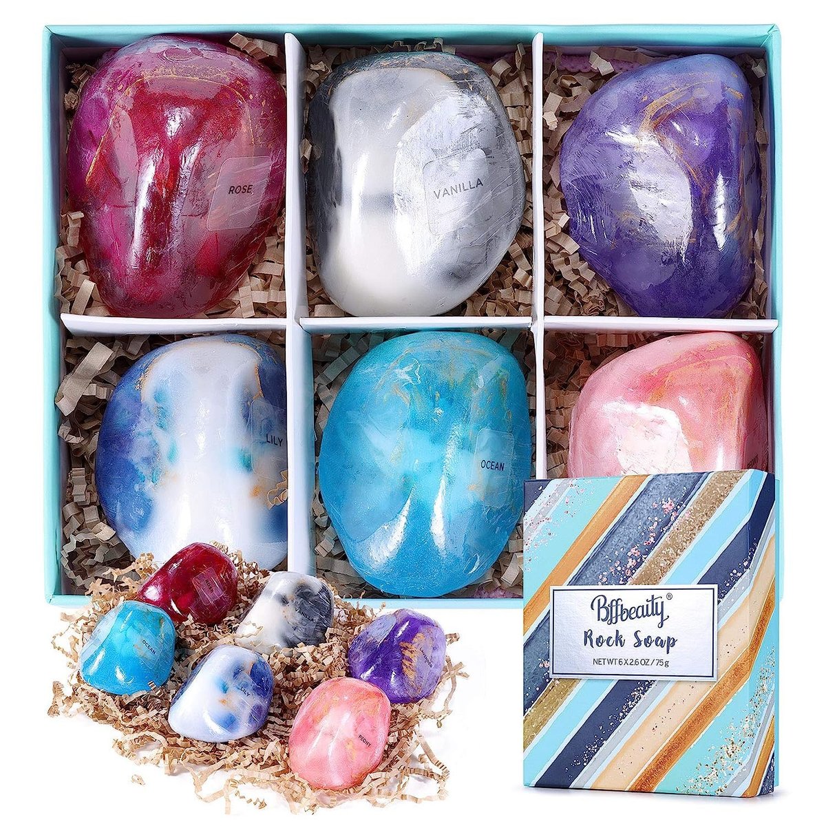 Bff Beauty Gemstone Soap Bar Set - 6pcs Hand, Face & Body Bar Soaps - Moisturizing Gift Set for Women & Men - Birthday, Valentine, Christmas Present Avelisse