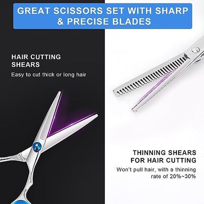Professional Hair Cutting Scissors and Thinning Shears Set - 6.5in Stainless Steel Barber Scissors for Men, Women, Kids & Pets