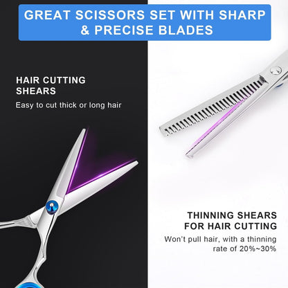 Professional Hair Cutting Scissors and Thinning Shears Set - 6.5in Stainless Steel Barber Scissors for Men, Women, Kids & Pets