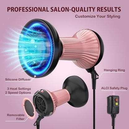WUFAYHD Diffuser Hair Dryer for Curly Hair - Professional 2 in 1 Ionic & Ceramic Hair Dryer with Diffuser for Wavy Hair, Enhances Curls and Reduces Frizz, Gifts for Women (Deep Pink) Avelisse