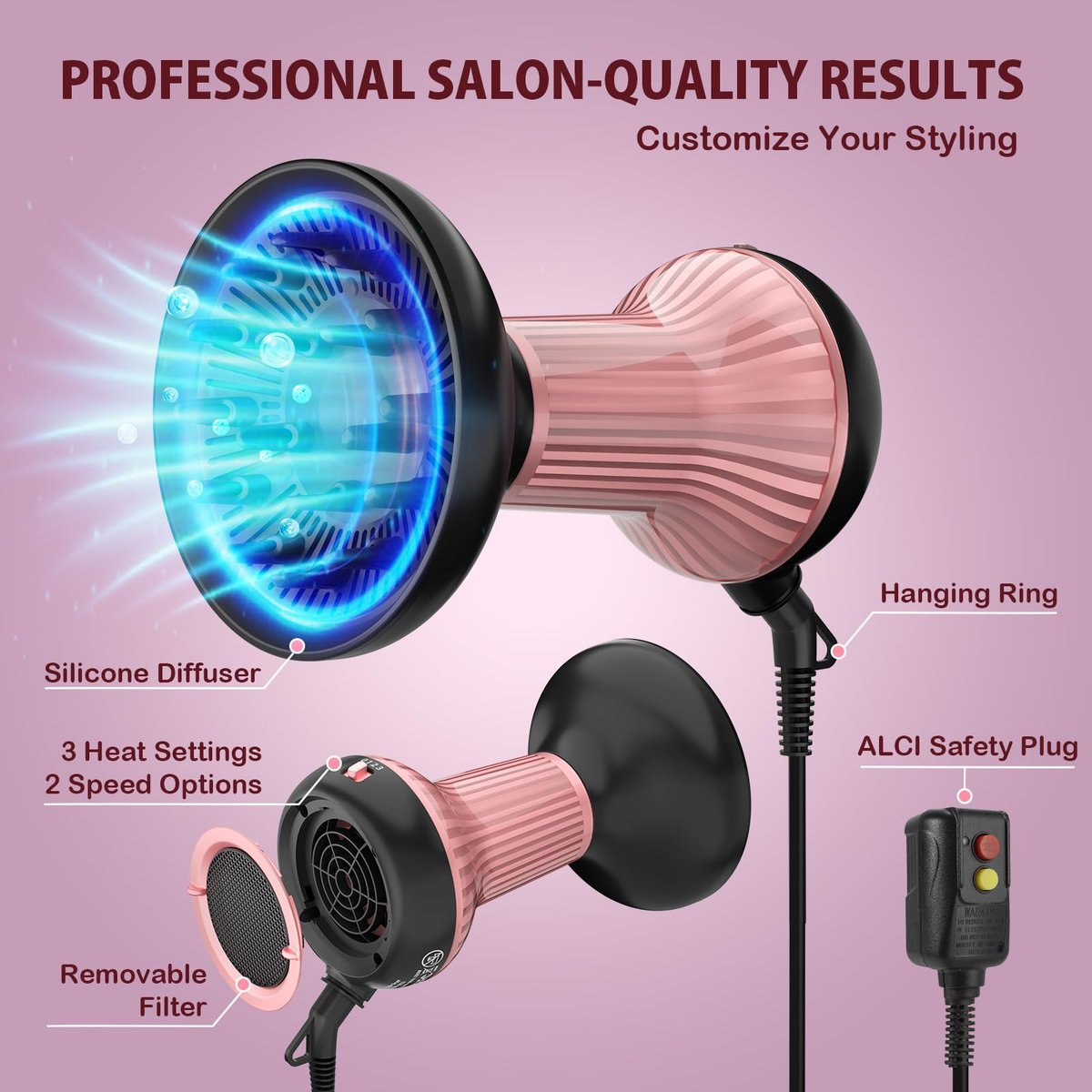 WUFAYHD Diffuser Hair Dryer for Curly Hair - Professional 2 in 1 Ionic & Ceramic Hair Dryer with Diffuser for Wavy Hair, Enhances Curls and Reduces Frizz, Gifts for Women (Deep Pink) Avelisse
