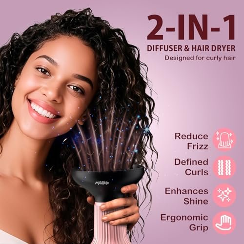 WUFAYHD Diffuser Hair Dryer for Curly Hair - Professional 2 in 1 Ionic & Ceramic Hair Dryer with Diffuser for Wavy Hair, Enhances Curls and Reduces Frizz, Gifts for Women (Deep Pink) Avelisse