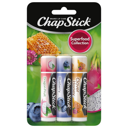 ChapStick Lip Balm Superfood Collection 3-Pack – Dragon Fruit, Blueberry & Clover Honey – Moisturizing Lip Care for Dry Lips, 0.15 oz Each