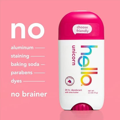 Hello Unicorn Aluminum Free Deodorant for Women and Men with Shea Butter, 24-Hour Freshness, Baking Soda Free Deodorant, Dermatologically Tested, 2.6 oz Stick