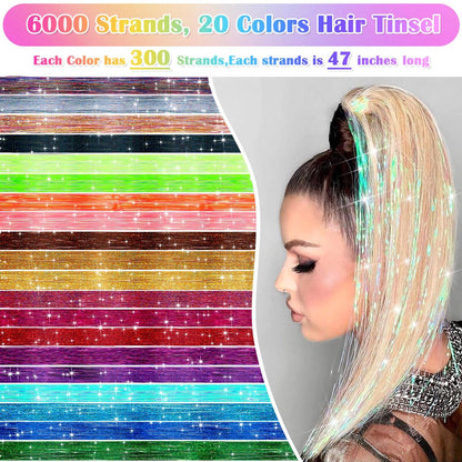6000 Strands Hair Tinsel Kit in 20 Colors - Glitter Fairy Hair Extensions, Heat-Resistant Tinsel Tool for Shiny Party Hair Accessories Avelisse